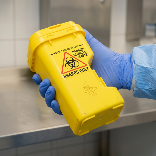 Close up of a professional holding a clinical sharps container