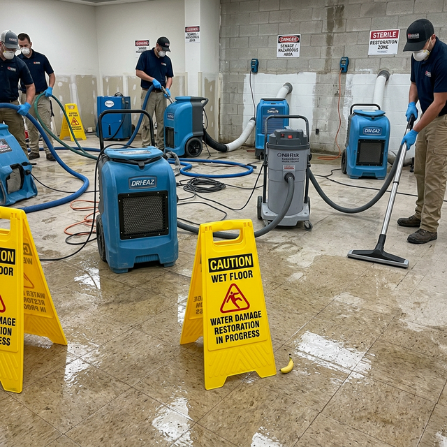 Industrial extraction and drying equipment set up in a flooded room